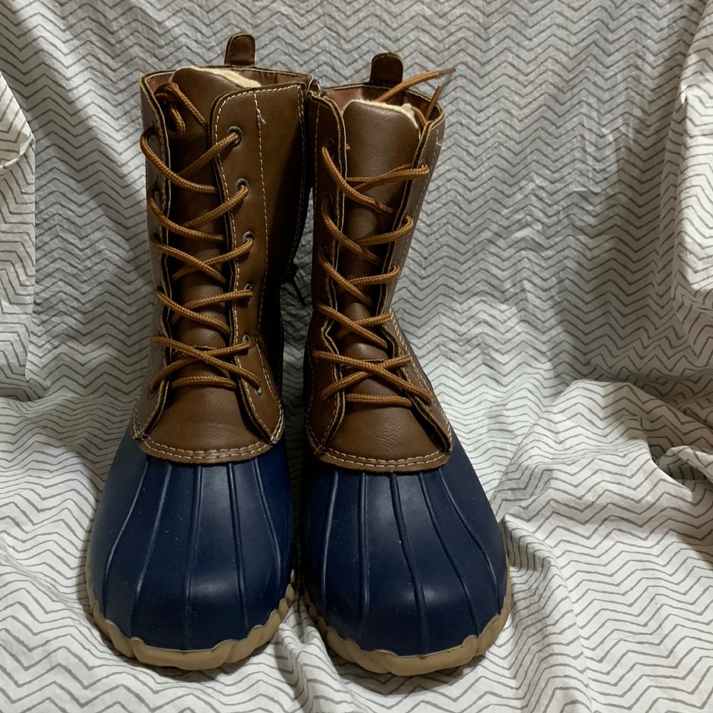 Womens size 8 DKSUKO rain boots brown/blue Duck boots
